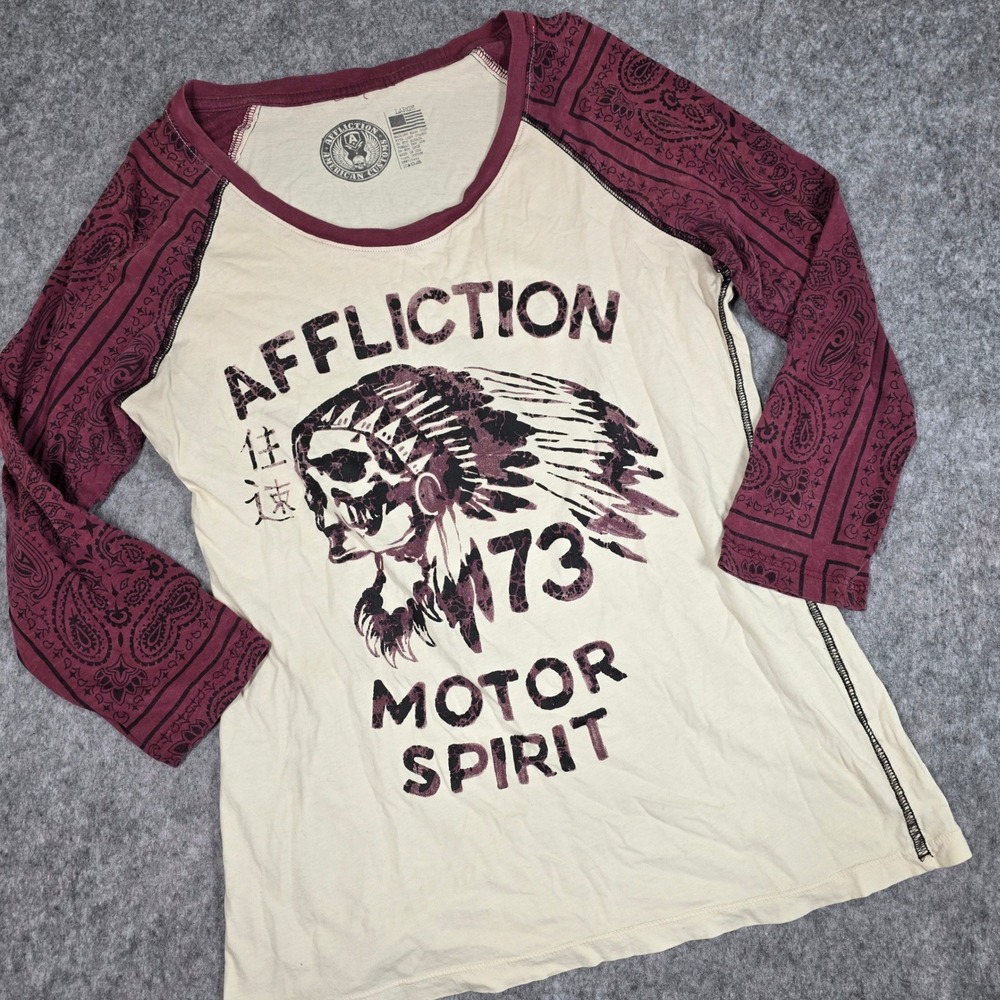 Affliction Raglan Shirt Motor Spirit Paisley Cream Red Skull Cheif Y2K sz Large